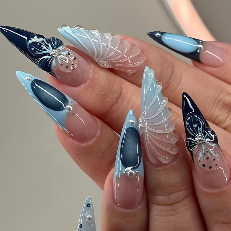 24-Piece 3D Nail Art Set With Pearl And Glitter Accents, Long Stiletto Shape, Ocean-Inspired Blue Glitter Finish