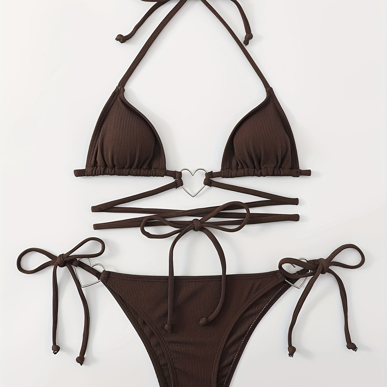 Valentine's Day Heart-Linked Halter Neck Rib-Knit Bikini Sets - Tie Side High Cut Two Pieces Swimsuit with Triangle Top - Women's Swimwear