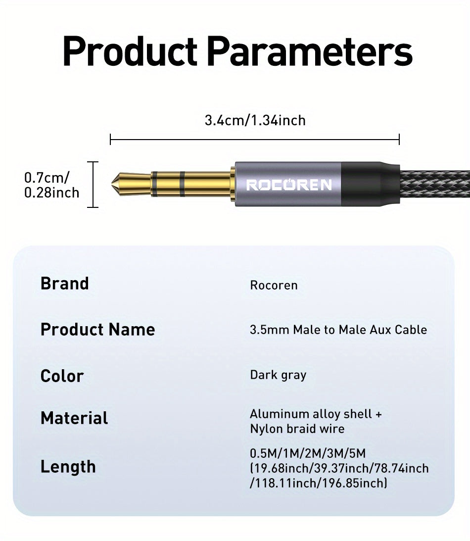 Rocoren Braided 3.5mm Aux Cable - Hi-Fi Stereo Sound, Male to Male Connectivity, Universal Compatibility for Audio Devices