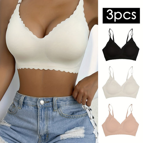 3pcs Breathable Wavy Trim Seamless Bralettes