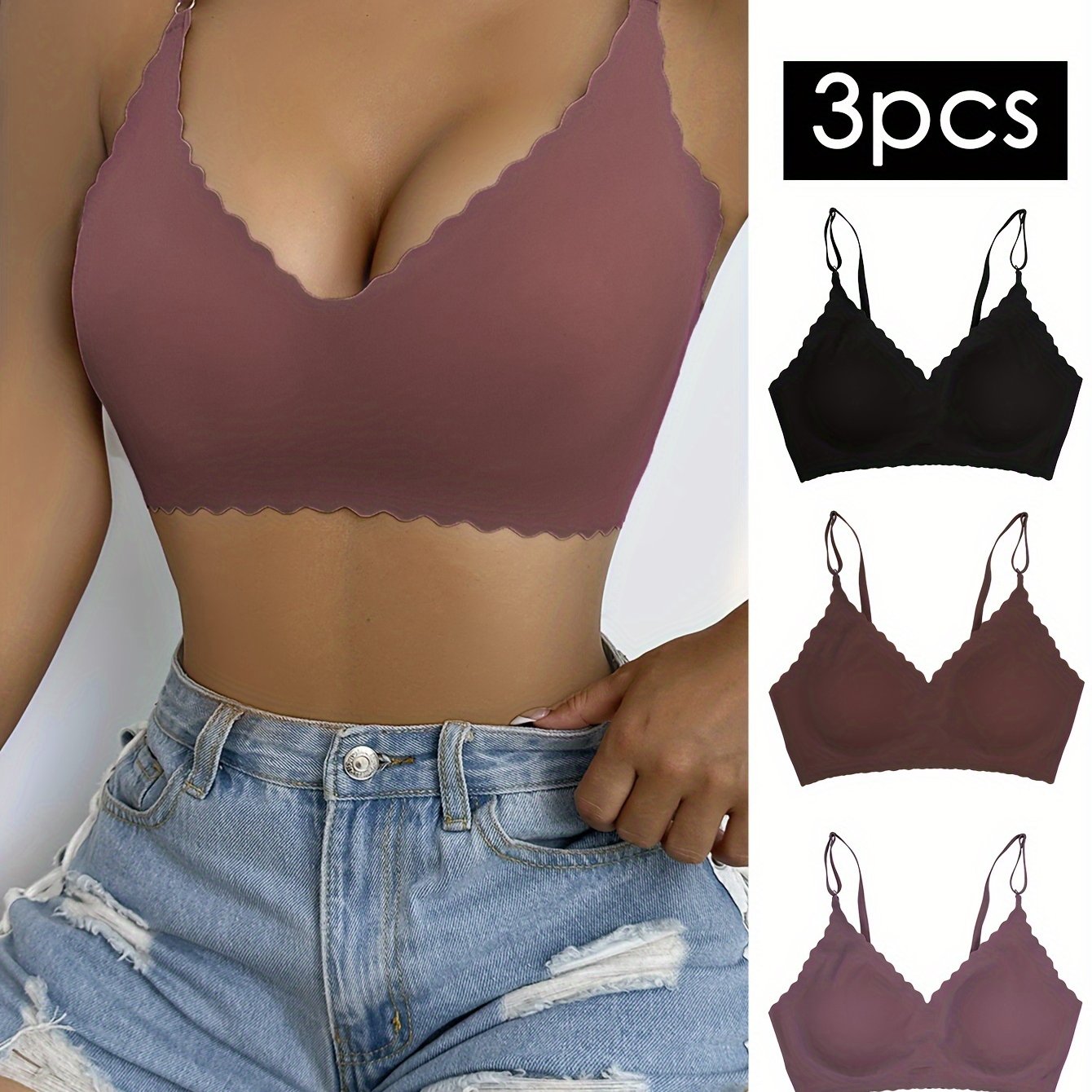 3pcs Breathable Wavy Trim Seamless Bralettes