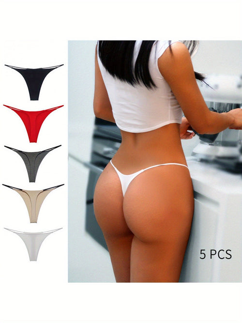 5 Pcs Double Spaghetti Straps Sexy Low Waisted T-Shaped Thong Bikini Women's Erotic Panties