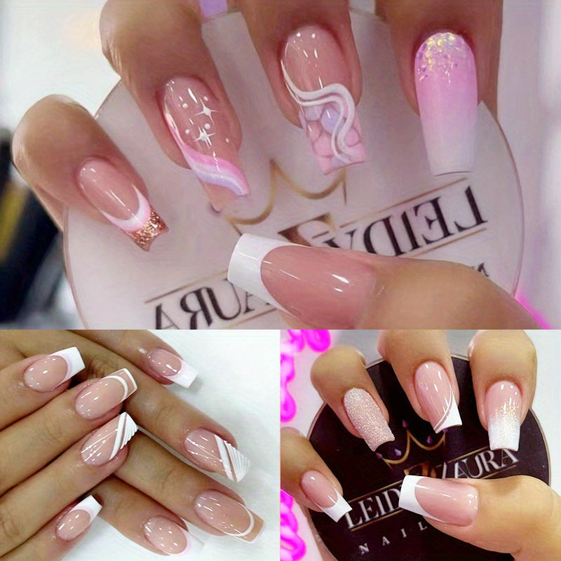 72 pcs (3 packs) Glossy White Square French Tips Press on Nails