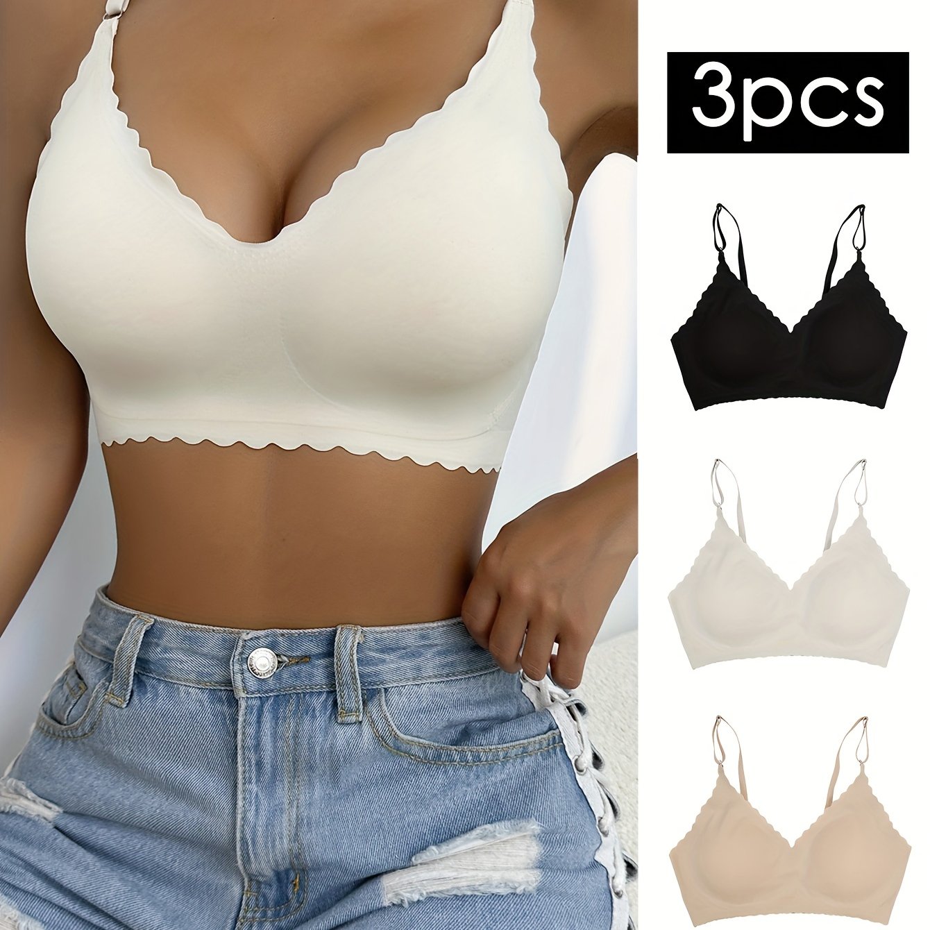 3pcs Breathable Wavy Trim Seamless Bralettes
