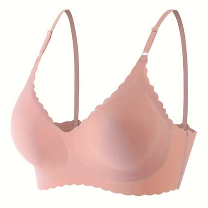 Comfy Full Coverage Scallop Trim Wireless Bra, Breathable Women's Lingerie