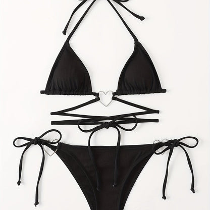 Valentine's Day Heart-Linked Halter Neck Rib-Knit Bikini Sets - Tie Side High Cut Two Pieces Swimsuit with Triangle Top - Women's Swimwear