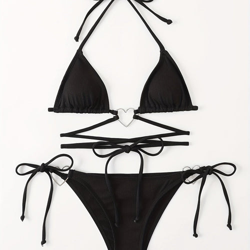 Valentine's Day Heart-Linked Halter Neck Rib-Knit Bikini Sets - Tie Side High Cut Two Pieces Swimsuit with Triangle Top - Women's Swimwear