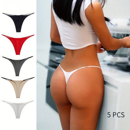 5 Pcs Double Spaghetti Straps Sexy Low Waisted T-Shaped Thong Bikini Women's Erotic Panties