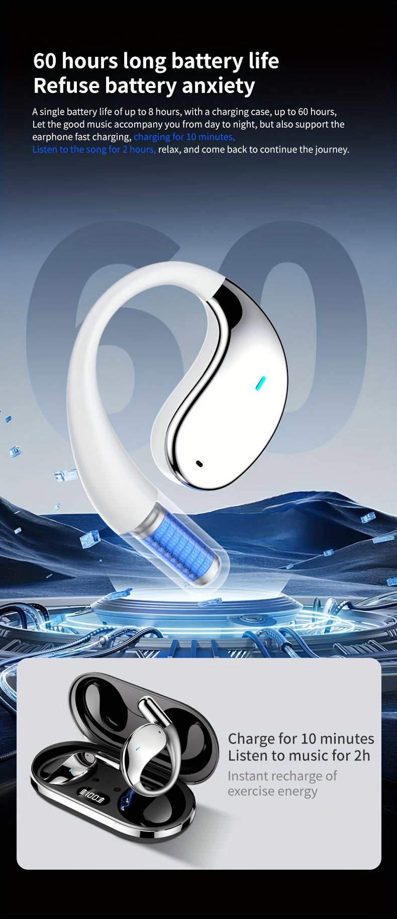 Open Earphones With Built-in Microphones & LED Digital Display Charging Case