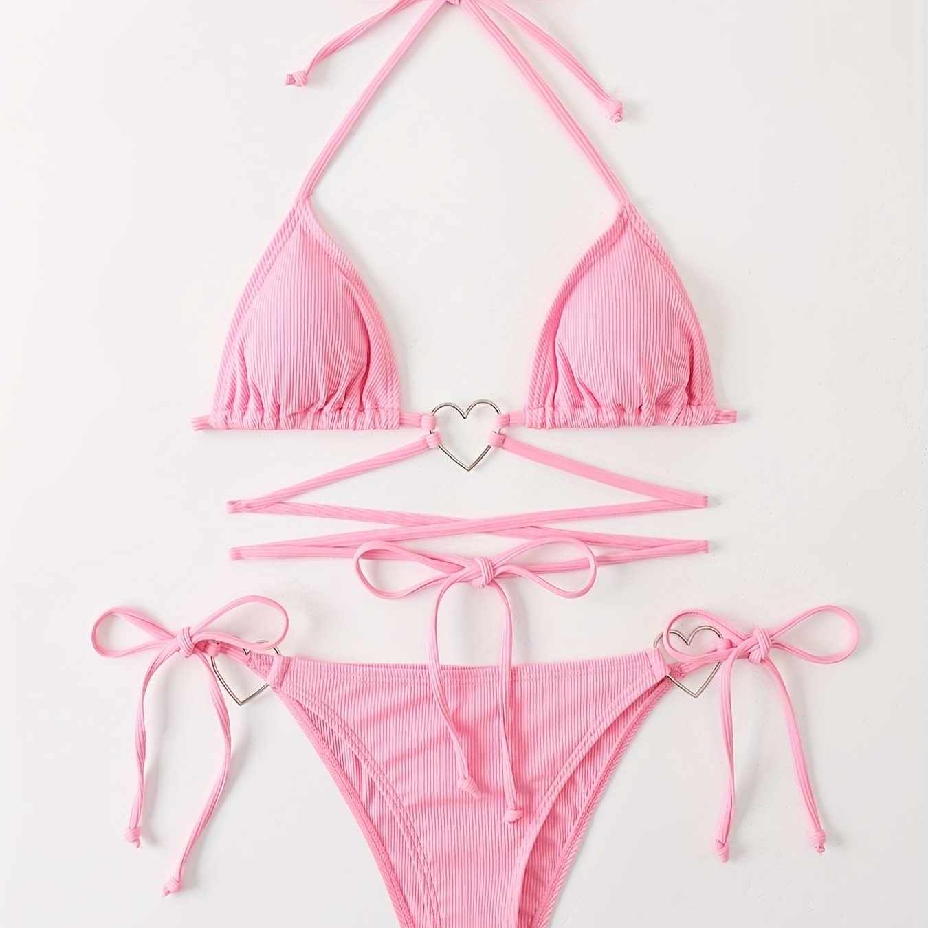 Valentine's Day Heart-Linked Halter Neck Rib-Knit Bikini Sets - Tie Side High Cut Two Pieces Swimsuit with Triangle Top - Women's Swimwear