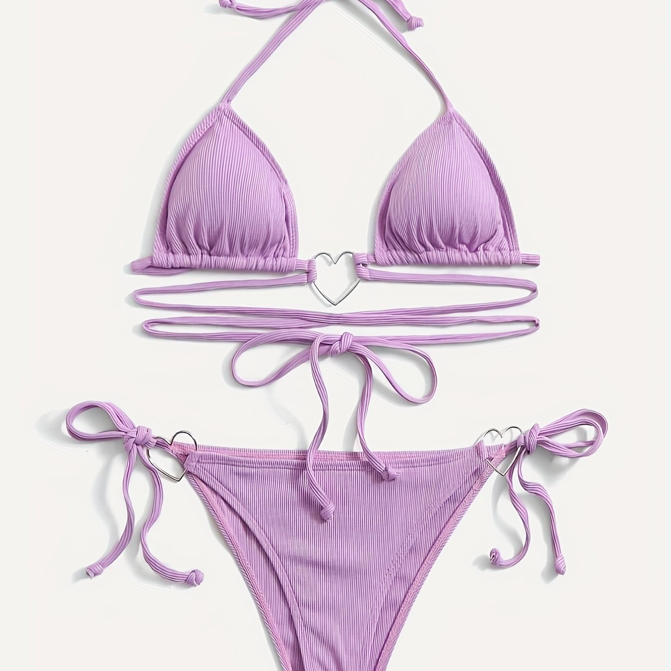 Valentine's Day Heart-Linked Halter Neck Rib-Knit Bikini Sets - Tie Side High Cut Two Pieces Swimsuit with Triangle Top - Women's Swimwear