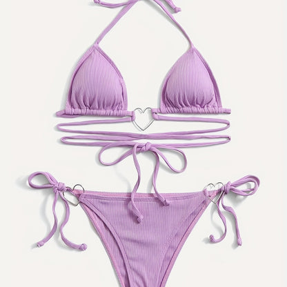 Valentine's Day Heart-Linked Halter Neck Rib-Knit Bikini Sets - Tie Side High Cut Two Pieces Swimsuit with Triangle Top - Women's Swimwear
