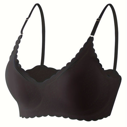 Comfy Full Coverage Scallop Trim Wireless Bra, Breathable Women's Lingerie