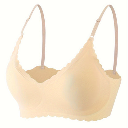 Comfy Full Coverage Scallop Trim Wireless Bra, Breathable Women's Lingerie