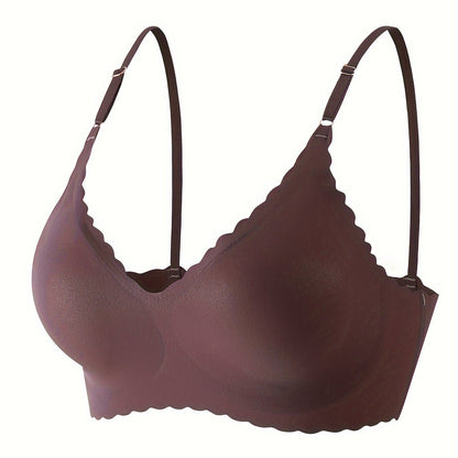 Comfy Full Coverage Scallop Trim Wireless Bra, Breathable Women's Lingerie