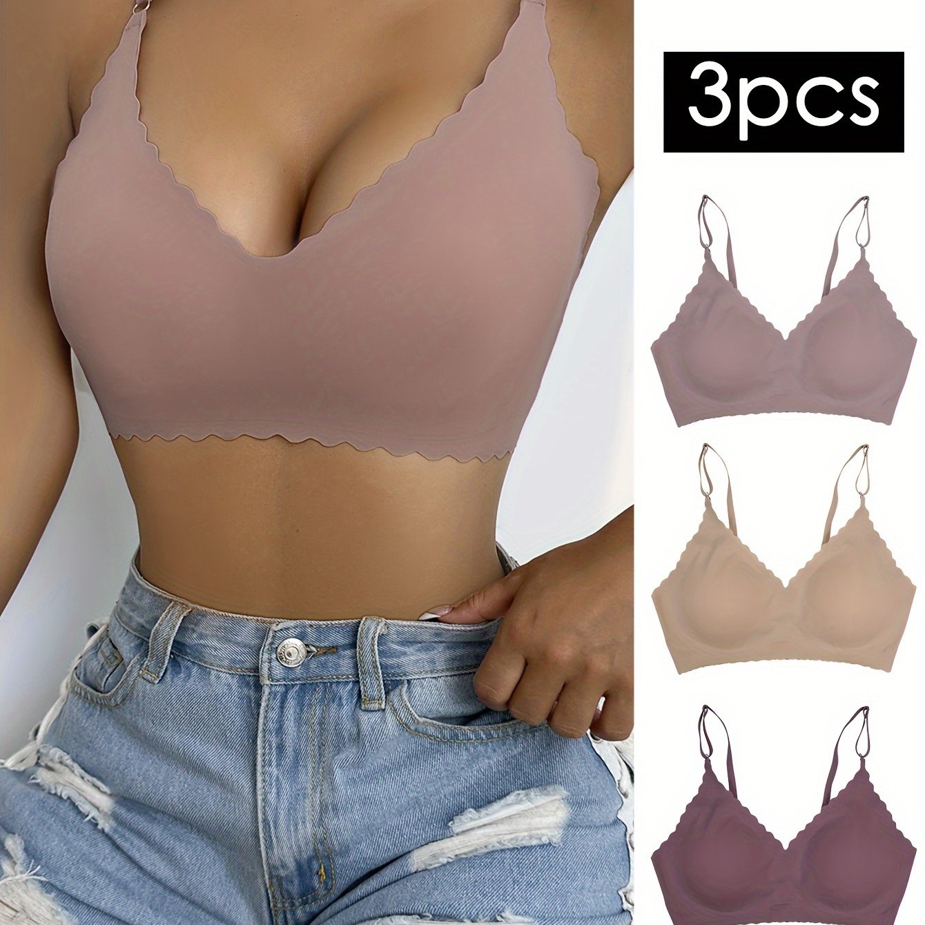 3pcs Breathable Wavy Trim Seamless Bralettes