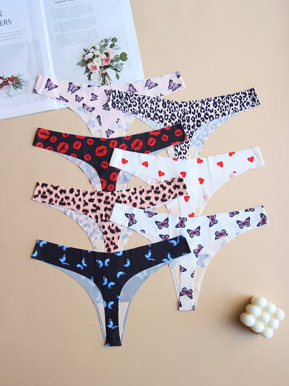7pcs Comfy Graphic Print Seamless Thongs, Breathable Women's Lingerie