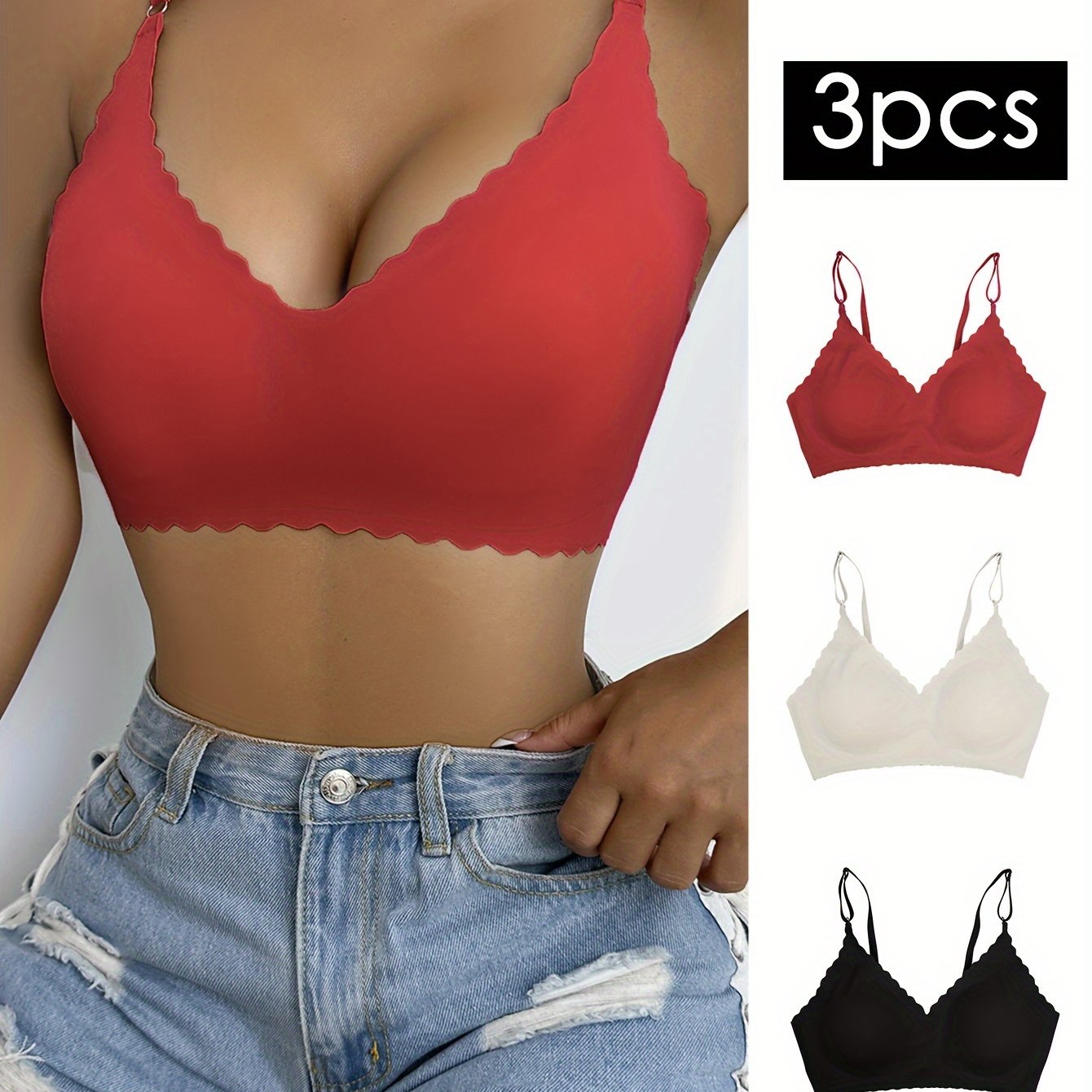 3pcs Breathable Wavy Trim Seamless Bralettes