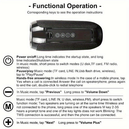 TG117 Portable Wireless Speaker, TWS Stereo, Built - In Mic For Calls - FM Radio, TF Card, USB Playback