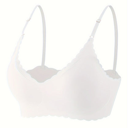 Comfy Full Coverage Scallop Trim Wireless Bra, Breathable Women's Lingerie