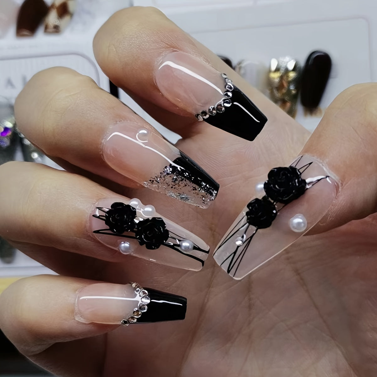 Pink and Black French Press On Nails