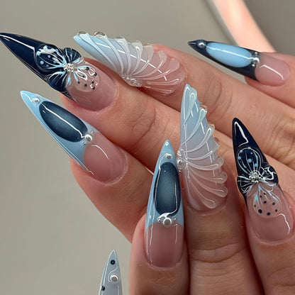 24-Piece 3D Nail Art Set With Pearl And Glitter Accents, Long Stiletto Shape, Ocean-Inspired Blue Glitter Finish