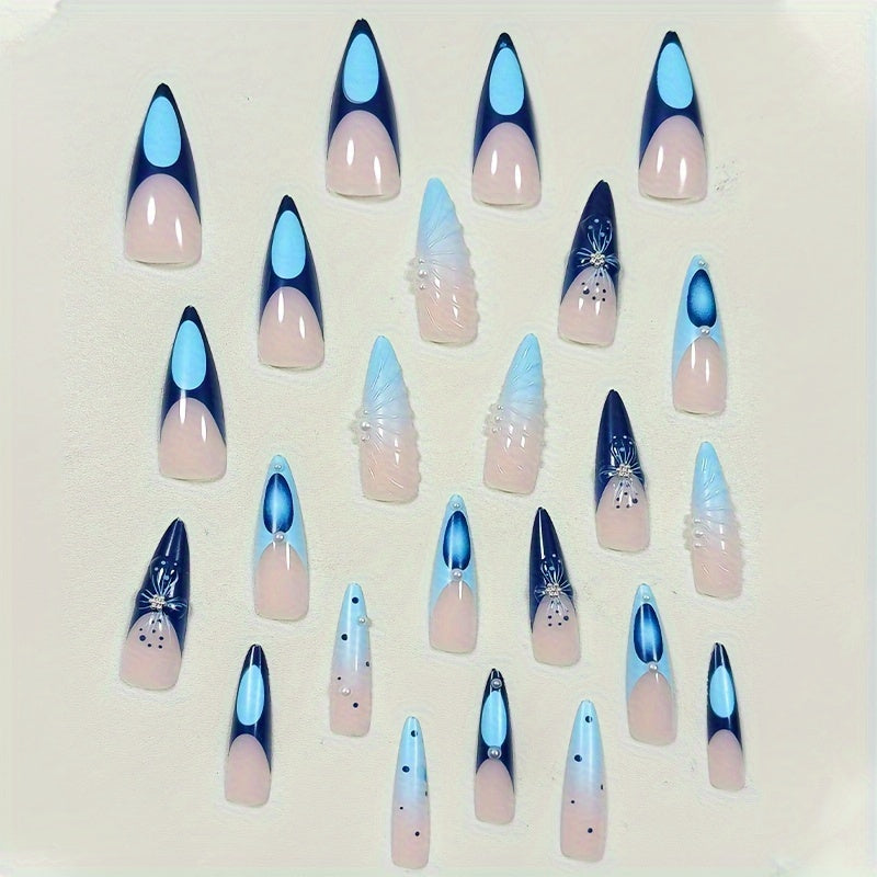 24-Piece 3D Nail Art Set With Pearl And Glitter Accents, Long Stiletto Shape, Ocean-Inspired Blue Glitter Finish