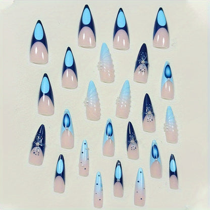 24-Piece 3D Nail Art Set With Pearl And Glitter Accents, Long Stiletto Shape, Ocean-Inspired Blue Glitter Finish