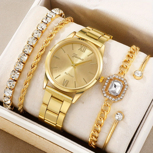 Luxury Golden Quartz Watch, Rome Fashion Wrist Watch 5pcs/set