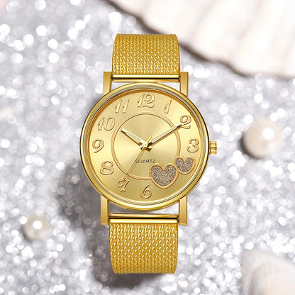 Women'S Fashion Quartz Wrist Watch with Heart-Shaped Accents, Round Dial, Canvas Band, Alloy Case