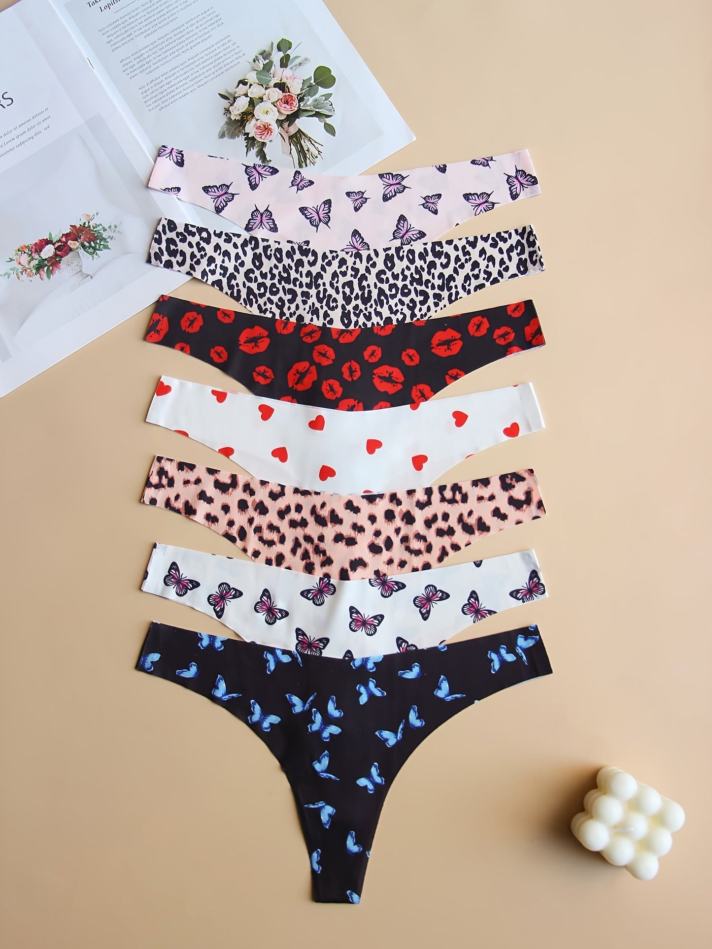 7pcs Comfy Graphic Print Seamless Thongs, Breathable Women's Lingerie
