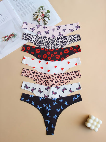 7pcs Comfy Graphic Print Seamless Thongs, Breathable Women's Lingerie