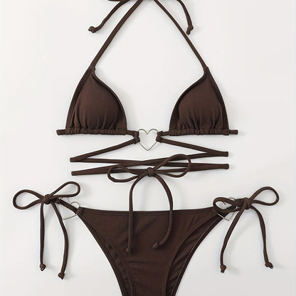 Valentine's Day Heart-Linked Halter Neck Rib-Knit Bikini Sets - Tie Side High Cut Two Pieces Swimsuit with Triangle Top - Women's Swimwear