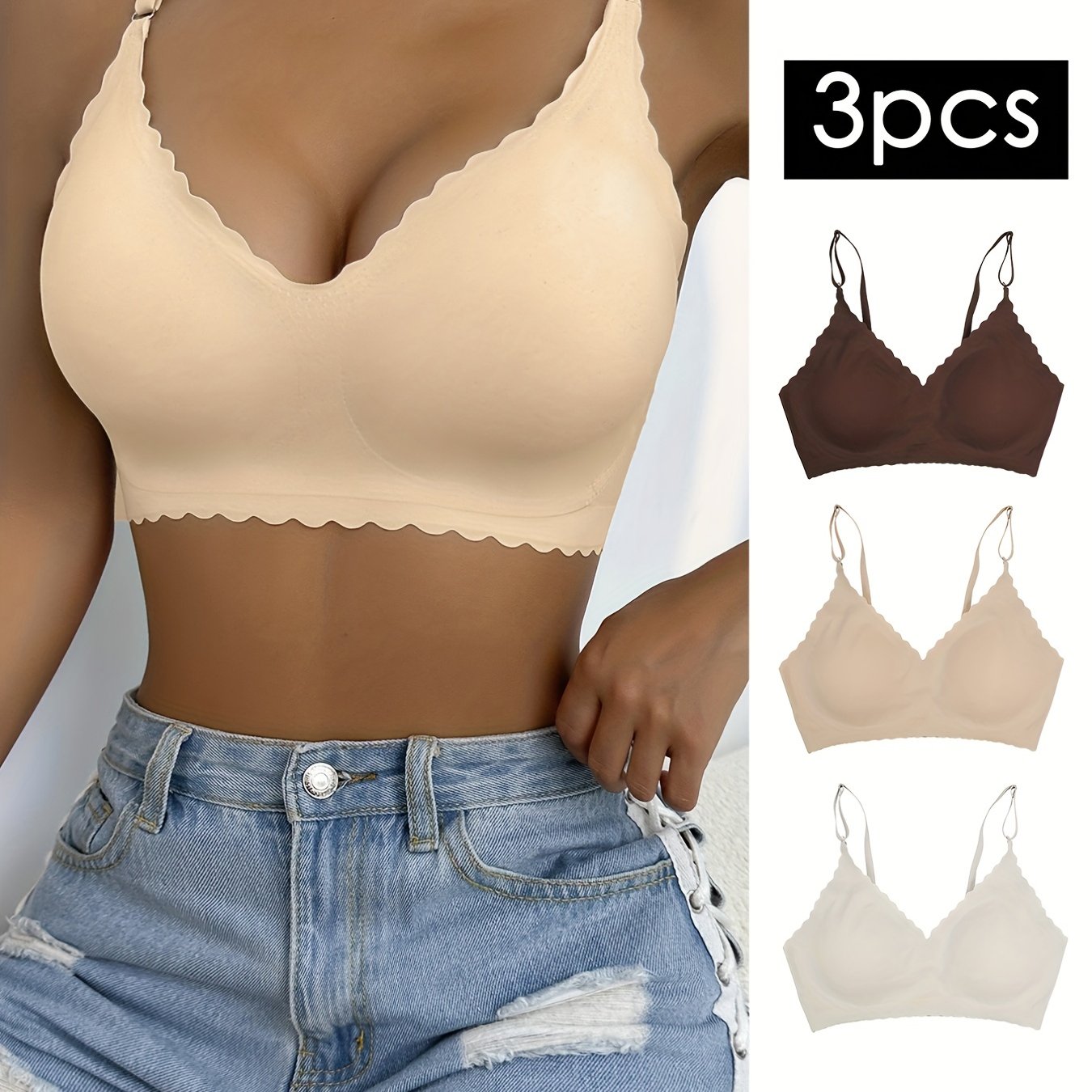 3pcs Breathable Wavy Trim Seamless Bralettes