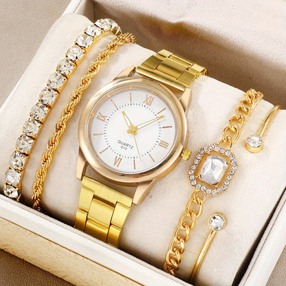 Luxury Golden Quartz Watch, Rome Fashion Wrist Watch 5pcs/set
