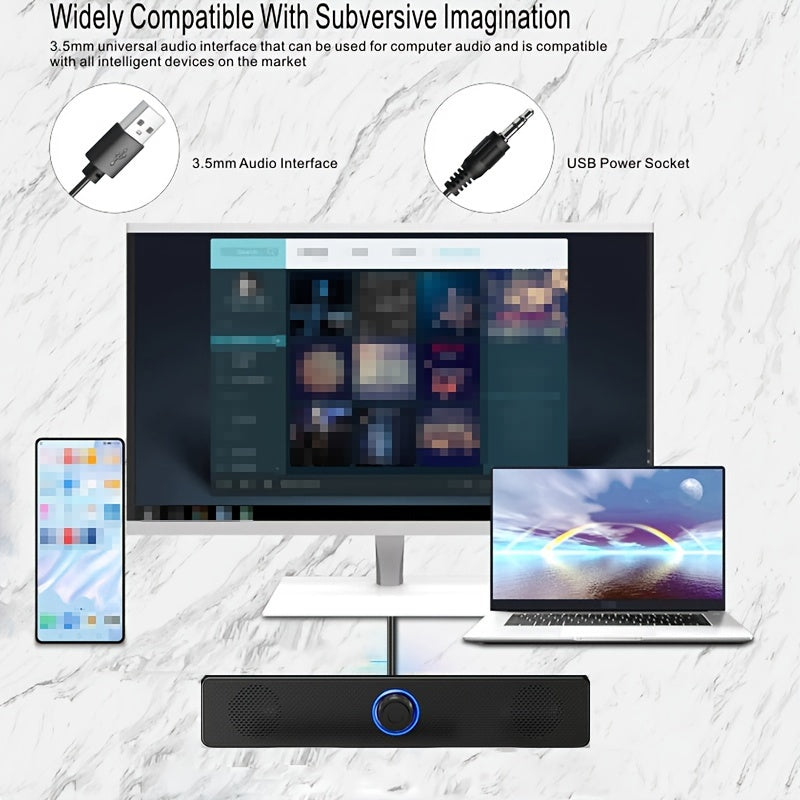 Compact Desktop Speaker with USB Power, Stereo Sound, and Blue LED Lights - Ideal for Computers