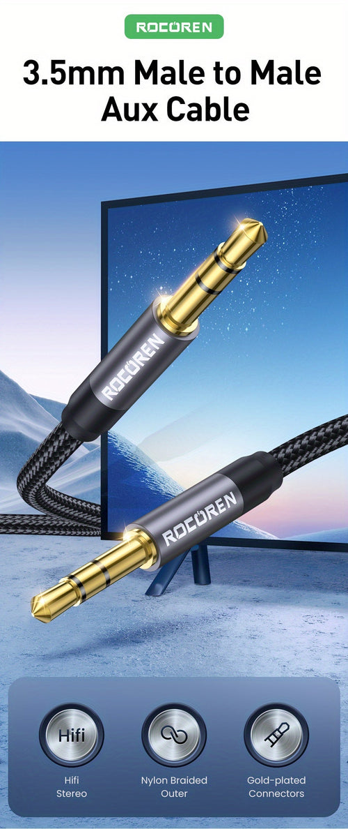 Rocoren Braided 3.5mm Aux Cable - Hi-Fi Stereo Sound, Male to Male Connectivity, Universal Compatibility for Audio Devices