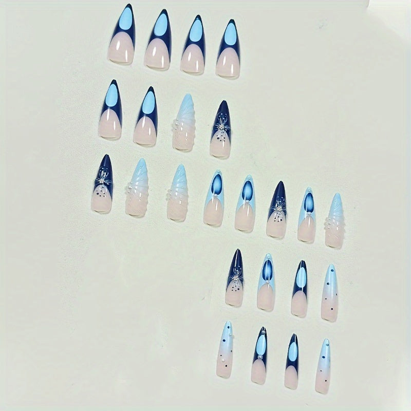 24-Piece 3D Nail Art Set With Pearl And Glitter Accents, Long Stiletto Shape, Ocean-Inspired Blue Glitter Finish