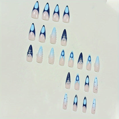24-Piece 3D Nail Art Set With Pearl And Glitter Accents, Long Stiletto Shape, Ocean-Inspired Blue Glitter Finish