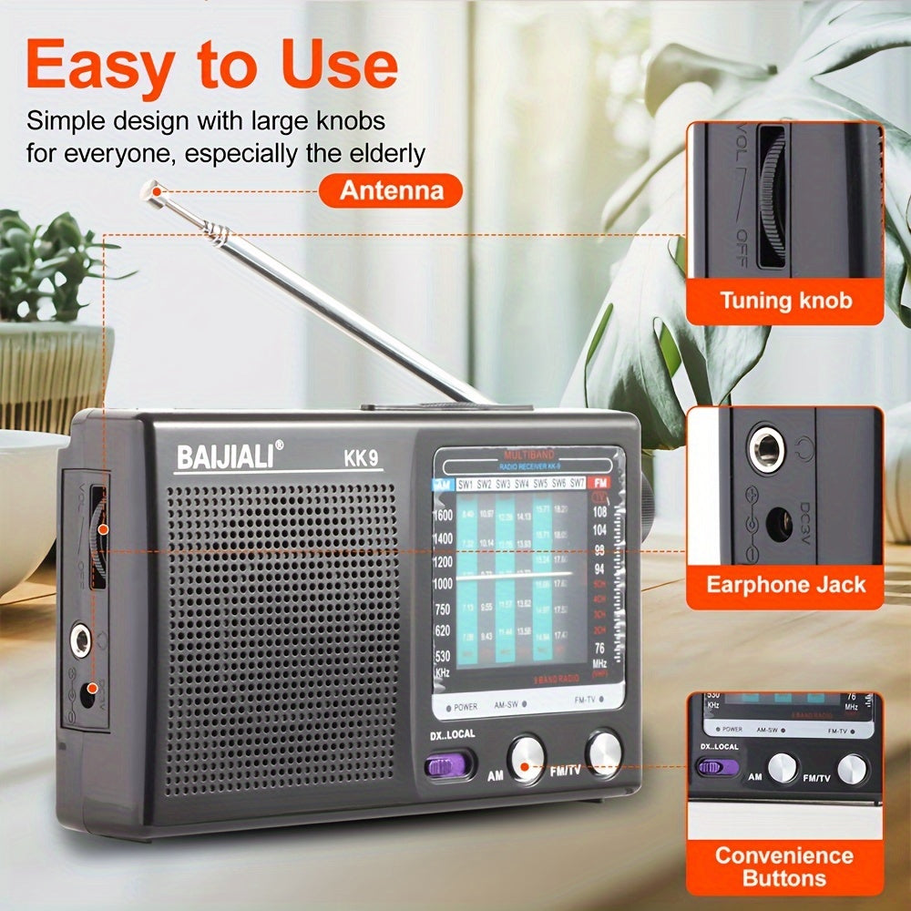 2W Powerful Portable Radio Speaker - AM/FM/SW/TV Bands, Headphone Jack, USB Powered, 2*AA Battery Operated